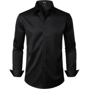 imageMens Stretch Wrinkle Free Dress Shirts Formal Wedding Prom Long Sleeve Slim Fit Button Down ShirtBlack