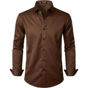imageMens Stretch Wrinkle Free Dress Shirts Formal Wedding Prom Long Sleeve Slim Fit Button Down ShirtBrown