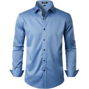 imageMens Stretch Wrinkle Free Dress Shirts Formal Wedding Prom Long Sleeve Slim Fit Button Down ShirtClassic Blue