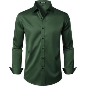imageMens Stretch Wrinkle Free Dress Shirts Formal Wedding Prom Long Sleeve Slim Fit Button Down ShirtDark Green