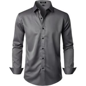 imageMens Stretch Wrinkle Free Dress Shirts Formal Wedding Prom Long Sleeve Slim Fit Button Down ShirtDark Grey