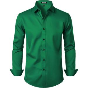 imageMens Stretch Wrinkle Free Dress Shirts Formal Wedding Prom Long Sleeve Slim Fit Button Down ShirtGreen
