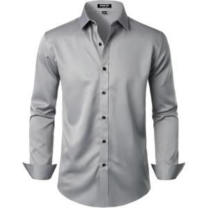 imageMens Stretch Wrinkle Free Dress Shirts Formal Wedding Prom Long Sleeve Slim Fit Button Down ShirtGrey