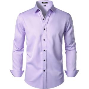 imageMens Stretch Wrinkle Free Dress Shirts Formal Wedding Prom Long Sleeve Slim Fit Button Down ShirtLavender Purple