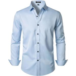 imageMens Stretch Wrinkle Free Dress Shirts Formal Wedding Prom Long Sleeve Slim Fit Button Down ShirtLight Blue