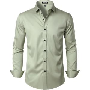 imageMens Stretch Wrinkle Free Dress Shirts Formal Wedding Prom Long Sleeve Slim Fit Button Down ShirtMint Green