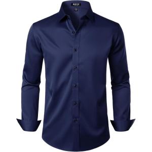 imageMens Stretch Wrinkle Free Dress Shirts Formal Wedding Prom Long Sleeve Slim Fit Button Down ShirtNavy