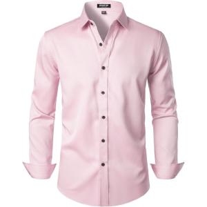 imageMens Stretch Wrinkle Free Dress Shirts Formal Wedding Prom Long Sleeve Slim Fit Button Down ShirtPink