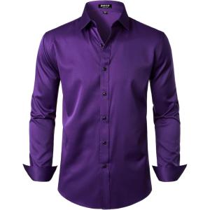 imageMens Stretch Wrinkle Free Dress Shirts Formal Wedding Prom Long Sleeve Slim Fit Button Down ShirtPurple