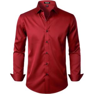 imageMens Stretch Wrinkle Free Dress Shirts Formal Wedding Prom Long Sleeve Slim Fit Button Down ShirtRed