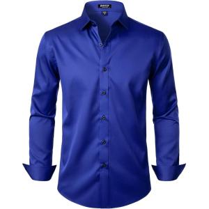 imageMens Stretch Wrinkle Free Dress Shirts Formal Wedding Prom Long Sleeve Slim Fit Button Down ShirtRoyal Blue