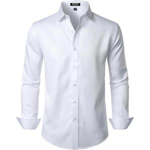 imageMens Stretch Wrinkle Free Dress Shirts Formal Wedding Prom Long Sleeve Slim Fit Button Down ShirtSolid White