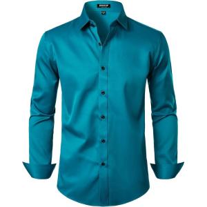 imageMens Stretch Wrinkle Free Dress Shirts Formal Wedding Prom Long Sleeve Slim Fit Button Down ShirtTeal