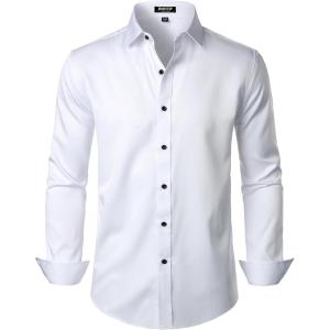 imageMens Stretch Wrinkle Free Dress Shirts Formal Wedding Prom Long Sleeve Slim Fit Button Down ShirtWhite
