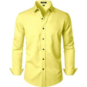 imageMens Stretch Wrinkle Free Dress Shirts Formal Wedding Prom Long Sleeve Slim Fit Button Down ShirtYellow