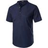imageMens Summer Lightweight Cotton Linen Shirts Casual Short Sleeve Breathable Banded Collar Henley for Beach VacationNavy Blue
