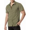 imageMens Summer Cotton Linen Short Sleeve Slim Fit Button Down Shirts with Pockets for Vacation BeachOlive Green