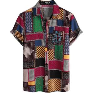 imageMens Cotton Linen Traditional Pattern Print Casual Short Sleeve Button Down Hawaiian Shirts for Beach Vacation