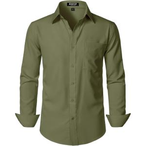 imageMens Stretch Regular Fit Long Sleeve Dress Shirts Lightweight Business Casual Button Down Shirts with PocketArmy Green
