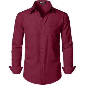 imageMens Stretch Regular Fit Long Sleeve Dress Shirts Lightweight Business Casual Button Down Shirts with PocketBurgundy
