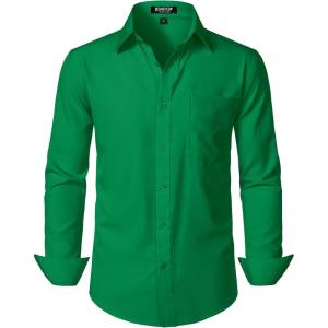 imageMens Stretch Regular Fit Long Sleeve Dress Shirts Lightweight Business Casual Button Down Shirts with PocketGreen