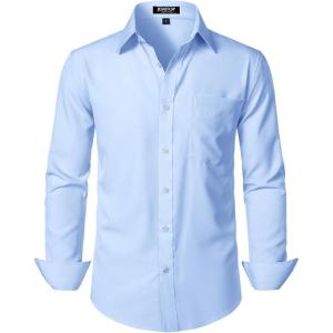 imageMens Stretch Regular Fit Long Sleeve Dress Shirts Lightweight Business Casual Button Down Shirts with PocketLight Blue