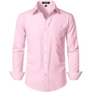 imageMens Stretch Regular Fit Long Sleeve Dress Shirts Lightweight Business Casual Button Down Shirts with PocketPink