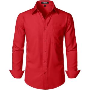 imageMens Stretch Regular Fit Long Sleeve Dress Shirts Lightweight Business Casual Button Down Shirts with PocketRed