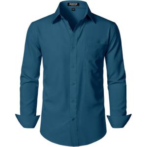 imageMens Stretch Regular Fit Long Sleeve Dress Shirts Lightweight Business Casual Button Down Shirts with PocketTeal