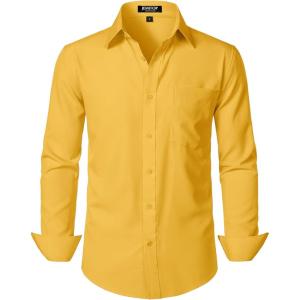 imageMens Stretch Regular Fit Long Sleeve Dress Shirts Lightweight Business Casual Button Down Shirts with PocketYellow
