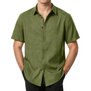 imageMens Stretch Wrinkle Free Short Sleeve Button Down Shirts Summer Casual Texture Beach Vacation Wedding ShirtArmy Green