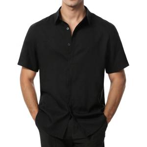 imageMens Stretch Wrinkle Free Short Sleeve Button Down Shirts Summer Casual Texture Beach Vacation Wedding ShirtBlack