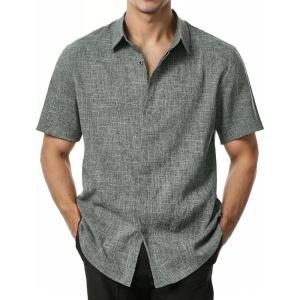 imageMens Stretch Wrinkle Free Short Sleeve Button Down Shirts Summer Casual Texture Beach Vacation Wedding ShirtDark Green