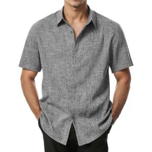imageMens Stretch Wrinkle Free Short Sleeve Button Down Shirts Summer Casual Texture Beach Vacation Wedding ShirtGrey