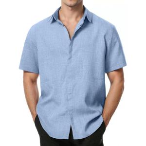 imageMens Stretch Wrinkle Free Short Sleeve Button Down Shirts Summer Casual Texture Beach Vacation Wedding ShirtLight Blue