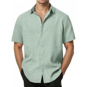 imageMens Stretch Wrinkle Free Short Sleeve Button Down Shirts Summer Casual Texture Beach Vacation Wedding ShirtLight Green