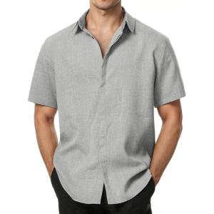 imageMens Stretch Wrinkle Free Short Sleeve Button Down Shirts Summer Casual Texture Beach Vacation Wedding ShirtLight Grey