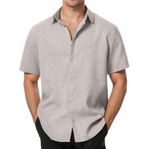 imageMens Stretch Wrinkle Free Short Sleeve Button Down Shirts Summer Casual Texture Beach Vacation Wedding ShirtLight Khaki