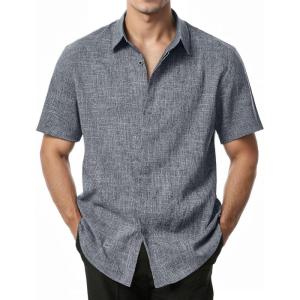 imageMens Stretch Wrinkle Free Short Sleeve Button Down Shirts Summer Casual Texture Beach Vacation Wedding ShirtNavy Blue