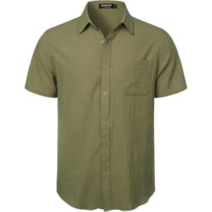 imageMens Summer Cotton Linen Short Sleeve Button Down Shirt Casual Lightweight Tops with Pockets for Beach VacationArmy Green