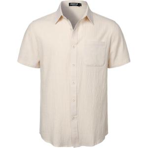 imageMens Summer Cotton Linen Short Sleeve Button Down Shirt Casual Lightweight Tops with Pockets for Beach VacationBeige