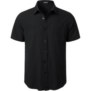 imageMens Summer Cotton Linen Short Sleeve Button Down Shirt Casual Lightweight Tops with Pockets for Beach VacationBlack