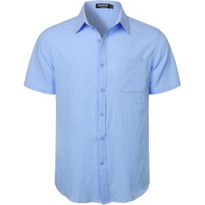 imageMens Summer Cotton Linen Short Sleeve Button Down Shirt Casual Lightweight Tops with Pockets for Beach VacationLight Blue