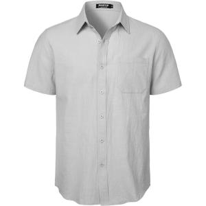 imageMens Summer Cotton Linen Short Sleeve Button Down Shirt Casual Lightweight Tops with Pockets for Beach VacationLight Grey