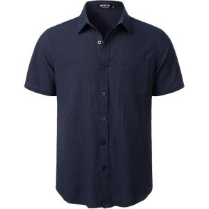 imageMens Summer Cotton Linen Short Sleeve Button Down Shirt Casual Lightweight Tops with Pockets for Beach VacationNavy