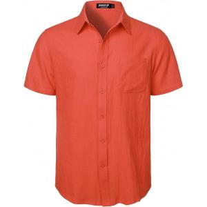 imageMens Summer Cotton Linen Short Sleeve Button Down Shirt Casual Lightweight Tops with Pockets for Beach VacationOrange