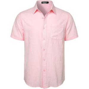 imageMens Summer Cotton Linen Short Sleeve Button Down Shirt Casual Lightweight Tops with Pockets for Beach VacationPink