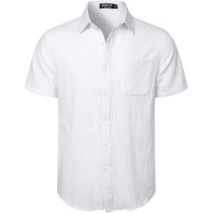 imageMens Summer Cotton Linen Short Sleeve Button Down Shirt Casual Lightweight Tops with Pockets for Beach VacationWhite