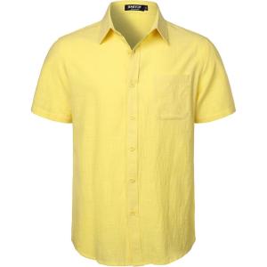 imageMens Summer Cotton Linen Short Sleeve Button Down Shirt Casual Lightweight Tops with Pockets for Beach VacationYellow