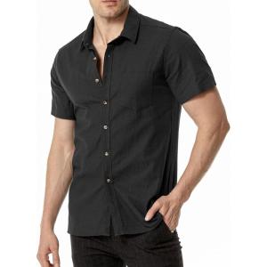 imageMens Summer Cotton Linen Short Sleeve Slim Fit Button Down Shirts with Pockets for Vacation BeachBlack